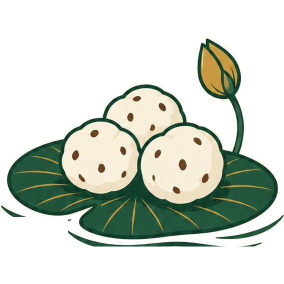 Three roasted makhana resting on a lotus leaf — the Snap Makhana mark